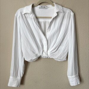 DO+BE Twisted Front Cropped Collared White Long Sleeve Shirt